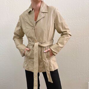 Vintage 1990's Beige 100% Leather Belted Button Up Blazer Jacket